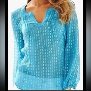 LILLY PULITZER Blouse Colby Sheer Iris Blue Silk Metallic Long Sleeves Tuck